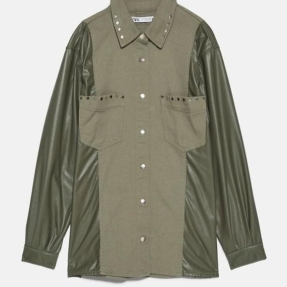 Zara Green XS Contrast Faux Leather Studded Jacket - Picture 7 of 10